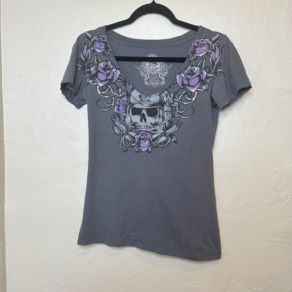 Grunge METAL MULISHA Shirt Womens Small Gray Purple Skull Y2K Goth Distressed 90 - Picture 4 of 7